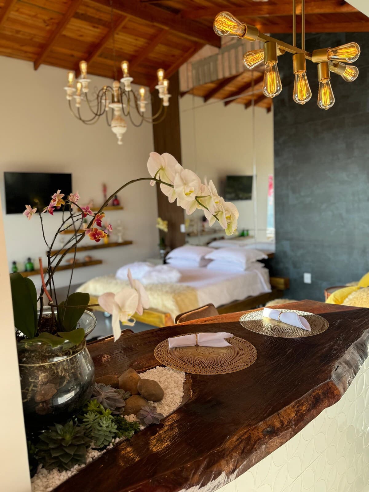 Sala e cozinha integradas com lustre aconchegante